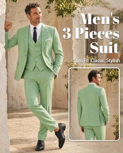 Image of MY'S Men's 3 Piece Suit Set with Tie, One Button Slim Fit Solid Jacket Vest Pants, Prom Party Wedding Business Suits for Men