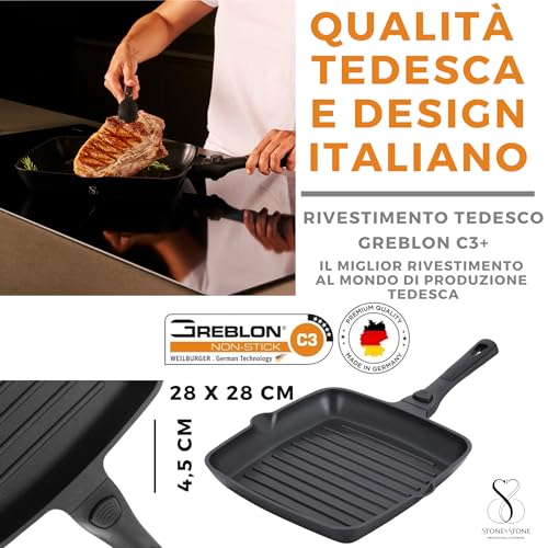 Stone&Stone Griglia Bistecchiera Antiaderente Quadrata 28x28CM|Manico rimovibile Piastra PROFESSIONALE in Pietra Fondo induzione in acciaio qualità TEDESCA Greblon C3+ grill per forno |1 Pinza (28CM) - immagine 6