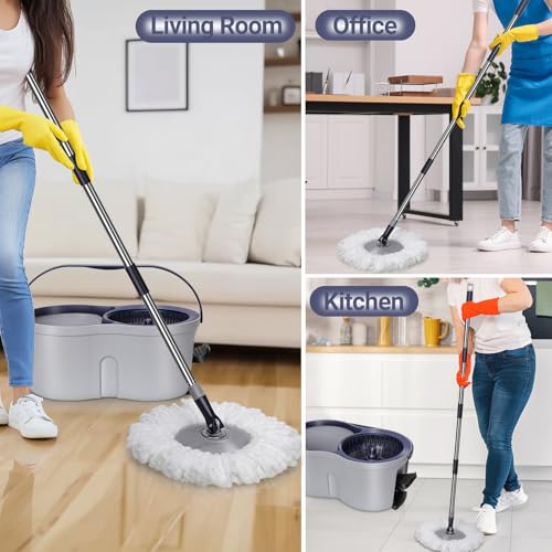 Juego de fregona y cubo de microfibra con mango telescópico de acero inoxidable para una limpieza eficiente del suelo