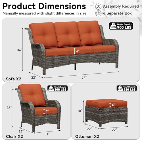 Image of 6 Piece Outdoor Wicker Patio Furniture Set, Patio Chairs Set with Thickened Olefin Cushions, High Back and Deep Seating, Hand-Woven PE Rattan, Ottoman for Porch, Deck