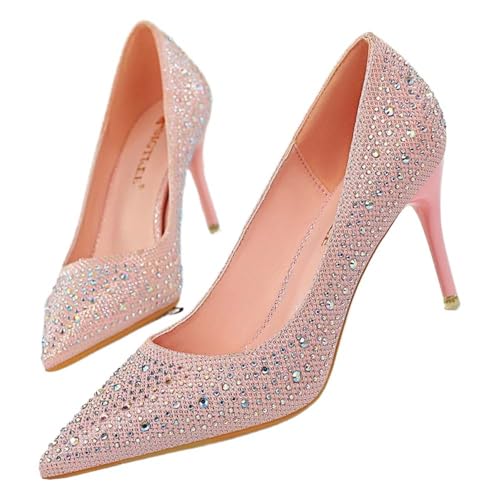 Escarpins de mariage rose à bouts pointus talons hauts 10cm strass 39
