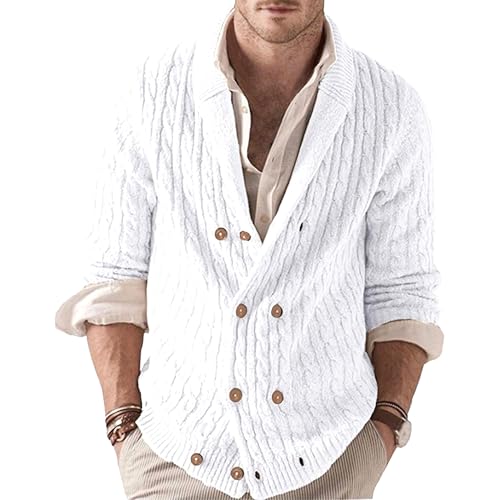 Pull en tricot épais à col châle pour homme avec boutons et torsades élégantes