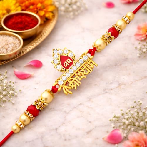 Image of Riddhika Ventures Glorious Gold Plated Auspicious Diamond Ring Rakhi with Roli Chawal and Greeting Card