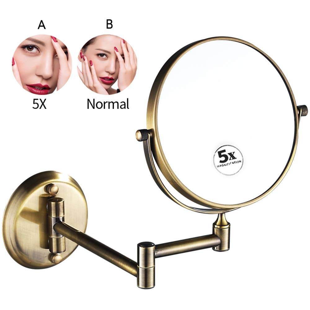 Espejos de maquillaje para baño, 8 pulgadas Montado en la pared Lupa Robusto Doble Cara Ajustable Cosmético Afeitado Vanidad Extensible, Bronce, 5X (Bronce 5X)