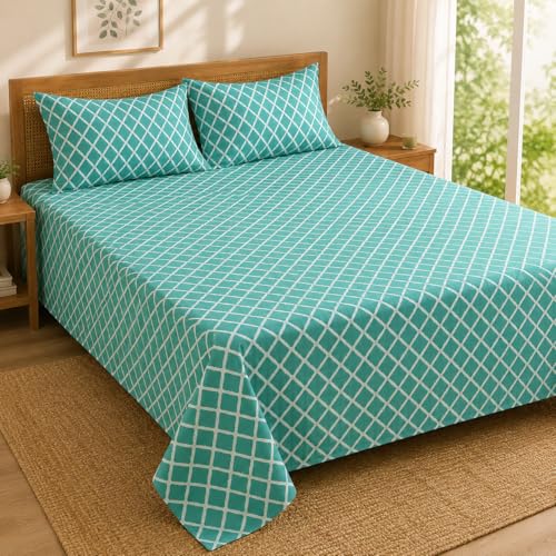 Image of Teal Geometric Queen Size Bedsheet with 2 Pillow Covers | Soft, Breathable & Bedding Set | Modern Diamond Pattern Room Decor (90 x 100 Inches)