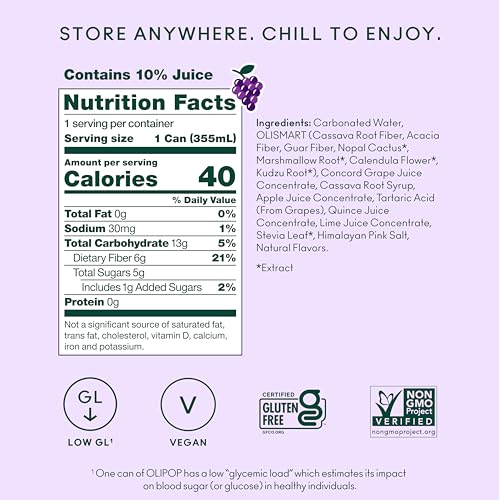 Image of OLIPOP Prebiotic Soda Pop, Classic Grape, Pantry Pack Packed with Prebiotics, Fiber, and Botanicals, Gluten Free, GMO Free, 12oz (12-Cans) (Packaging May Vary