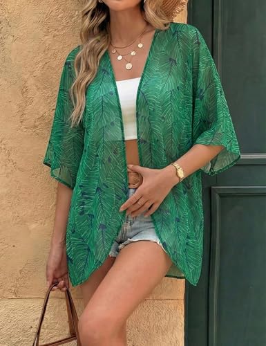Image of Chunoy Women Floral Beach Wear Cover Up Chiffon Kimono Cardigan Open Front Blouse Top