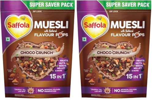 Image of Saffola Muesli Choco Crunch with Flavour Pops, 700 gm | 15 in 1 Fruit and Nuts, Seeds, Millet & more | Cereals for breakfast rich in wholegrain, protein, fibre (Pack of 2)