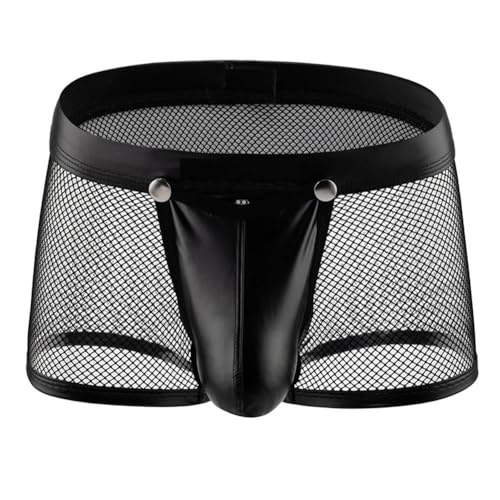 Moinha Herren Leder Boxershorts Netz Schwarz Wetlook Sexy Unterwäsche Herren Erotische Pants Verführerische für Männer Dessous Clubwear Jockstraps Slips Tanga mit Offenem Schritt Ouvert Shorts (XXL)