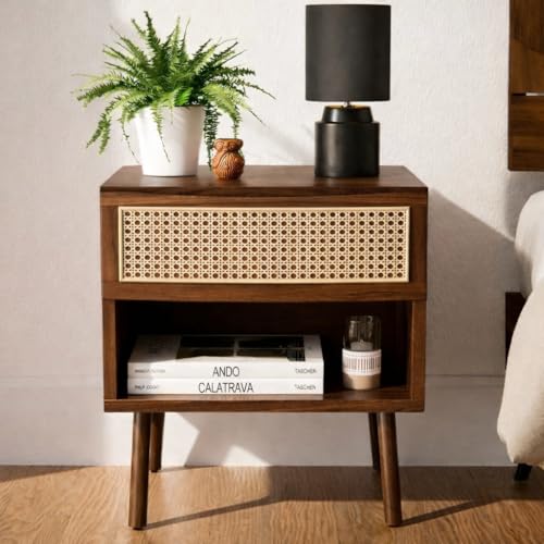 Image of Premium Solid Wood Cane Bedside Table with 1 Cane Drawer & Open Shelf | Handcrafted Rattan Nightstand for Bedroom Hotel Living Room (Walnut Finish)