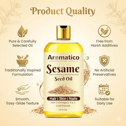 Image of AROMATICO Sesame Oil for Massage - Ayurvedic Warm Massage Oil with Cold Pressed Sesame for Muscle Relaxation & Daily Abhyanga | 300ml
