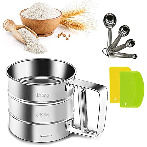ZDYFC Tamizador de Harina en Acero Inoxidable 304 Tamiz Harina 250g Tamizar para Azúcar Cacao, con 4Pcs Cucharas de Harina de acero inoxidable, 2 Rascador de masa