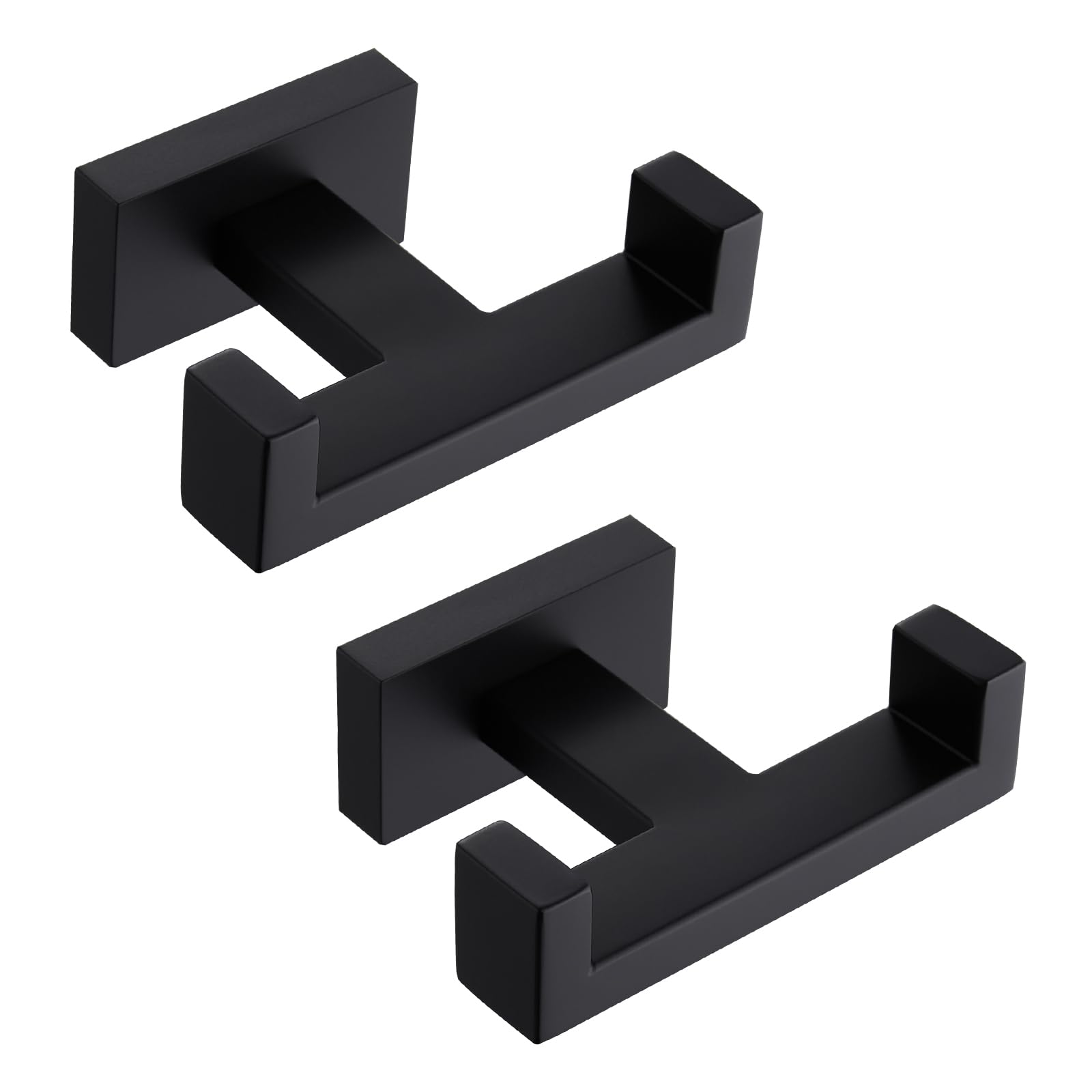 APLusee Double Bath Towel Hook 2 Pack, Solid Stainless Steel Square Dual Coat Holder, Modern Bathroom Kitchen Storage Hanger Wall Mounted, Matte Black