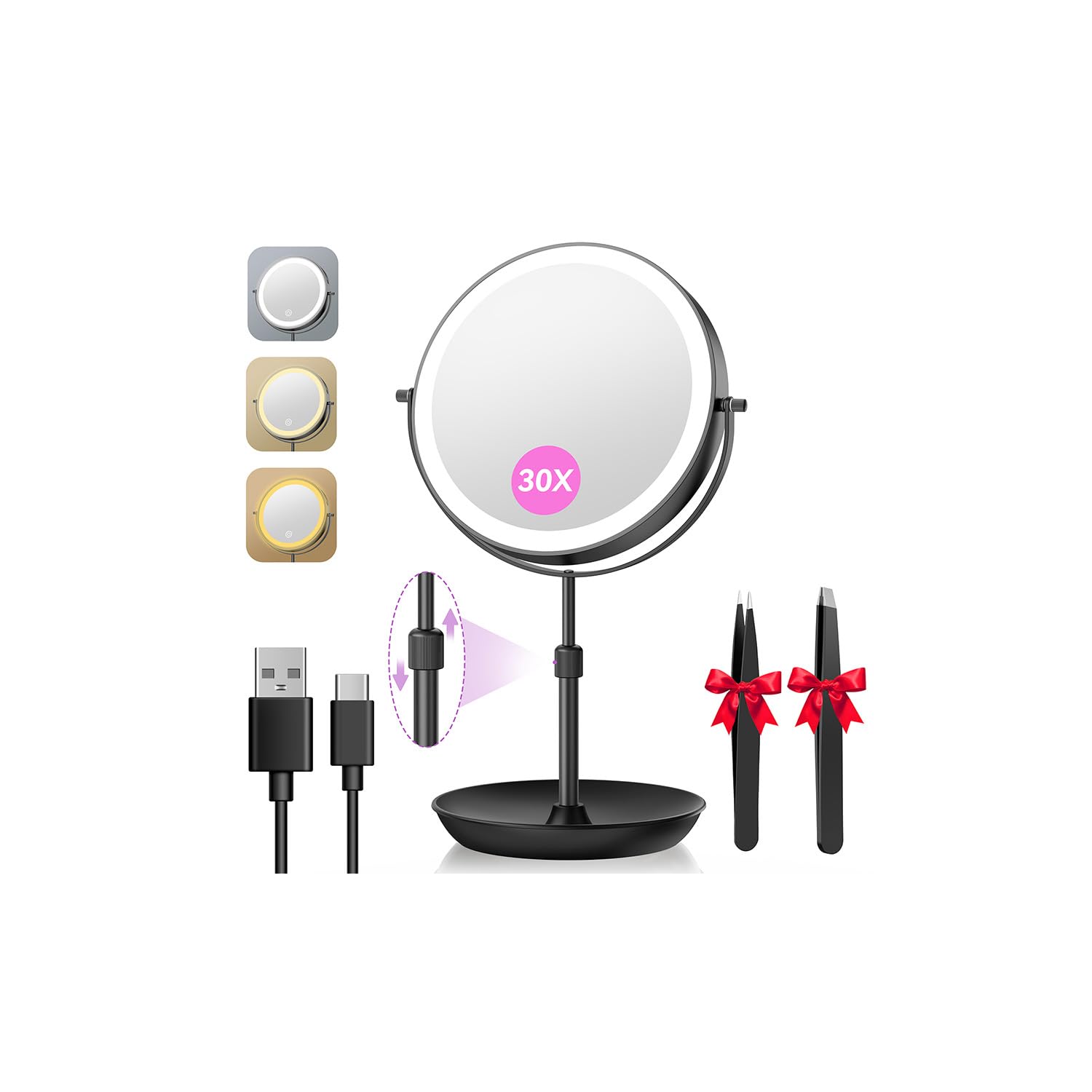 Auxmir 9'' Lighted Magnifying Mirror with 1X/30X, Height Adjustable Double Sided Touch Makeup Mirror with Tweezers, 3 Color Lights & Stepless Dimmable, 360° Swivel Rechargeable Cosmetic Vanity Mirror
