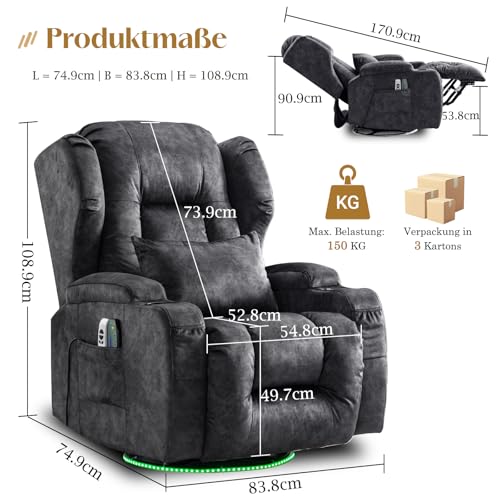 TCGBKAF Elektrischer Fernsehsessel Relaxsessel mit Liegefunktion,270°Drehsessel Kinosessel Massagesessel mit Wärmefunktion,TV Sessel Liegesessel fürs Wohnzimmer bis 150kg (Samtstoff, Grau) – Bild 3