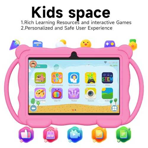 Image of Kids Tablet 7 inch Android 14.0 for Toddler, 4GB RAM 32GB ROM Bluetooth IPS Screen Google Play YouTube Parental Control Dual Camera Shockproof Case for Educational Games (Pink)