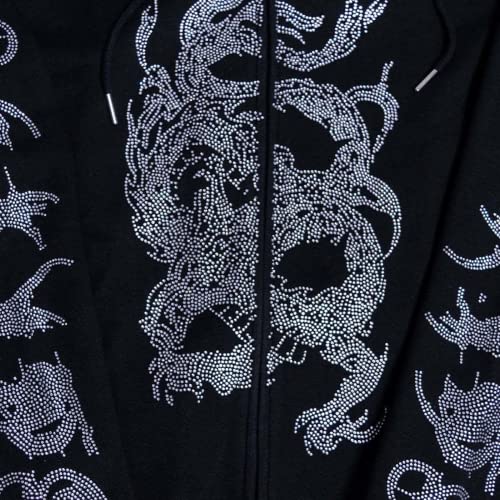 Aobiono Men Women Y2K Full Zip Up Hoodie Over Face Dragon 3D Rhinestone Gothic Grunge Emo Alt Harajuku Dark Academia Punk3