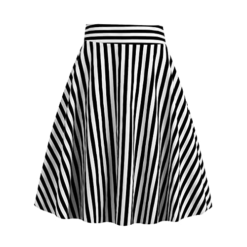 Odizli Rock Damen Knielang Rockabilly Elegant A Linie Skirt Petticoat Röcke Tellerrock Faltenrock Vintage Streifen Swing 50er Jahre Retro...