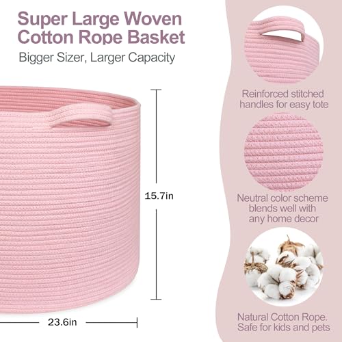 Image of MEGASKET 115L Oversized Pink Basket, 23.6 inchx15.7 inch Woven Cotton Rope Bin with Handles, XXXL Blanket Storage for Living Room, Kids Toy Storage Bin Box, Baby Laundry Basket for Organizing, Pink Room Decor