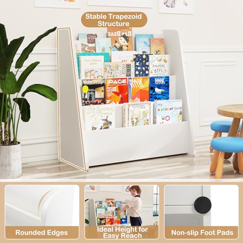 Image of HONEY JOY Kids Bookshelf, 4-Tier Wooden Toddler Bookcase, Children Book Rack & Magazine Display Shelf, Toy Storage Organizer, Book Shelf for Kids Rooms, Playroom, Nursery, Classroom (White)
