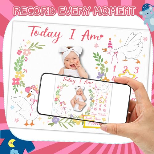 Image of Silly Goose Baby Milestone Blanket for Baby Girl, | Floral Flannel Blanket Newborn Infant Swaddle Baby Growth Blanket Photography Background with Wooden Signs,Frames,Heandband
