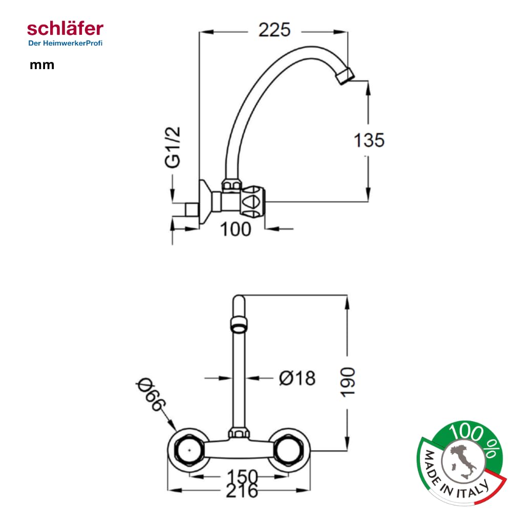 Schläfer 3431112 | Rubinetto Lavello Cucina a Muro con 2 Manopole Tonde, Canna Girevole Universale a J da 150mm e Aeratore a Risparmio Idrico, Finitura Cromata