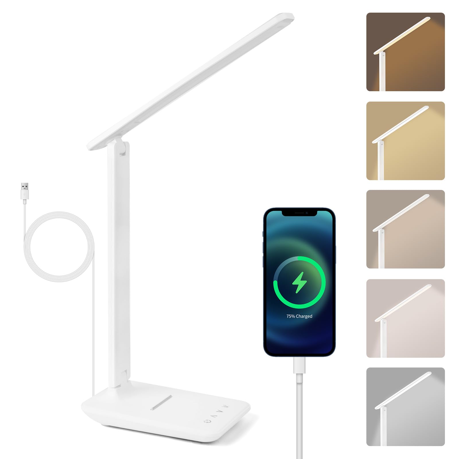 vsshe Desk Lamp, Dimmable LED Table Lamp with USB Charging Port, 5 Lighting Mode, Touch Control Reading Light, Memory Function Foldable Nail Lamps, Eye Caring, for Study Desk Home Office Bedroom 5V/2A