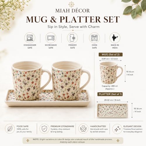 Image of Miah Decor Ceramic Coffee Mugs Set with Serving Platter, Handmade Stoneware