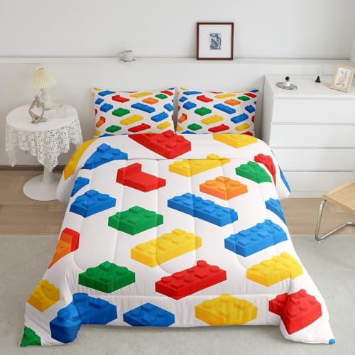 Image of Feelyou Building Blocks Gaming Toy Comforter Set Twin Size Kids Boys Girls | Teens Brick Colorful Duvet Set Room Decor 2Pcs Warm Cozy Breathable Lightweight All Season