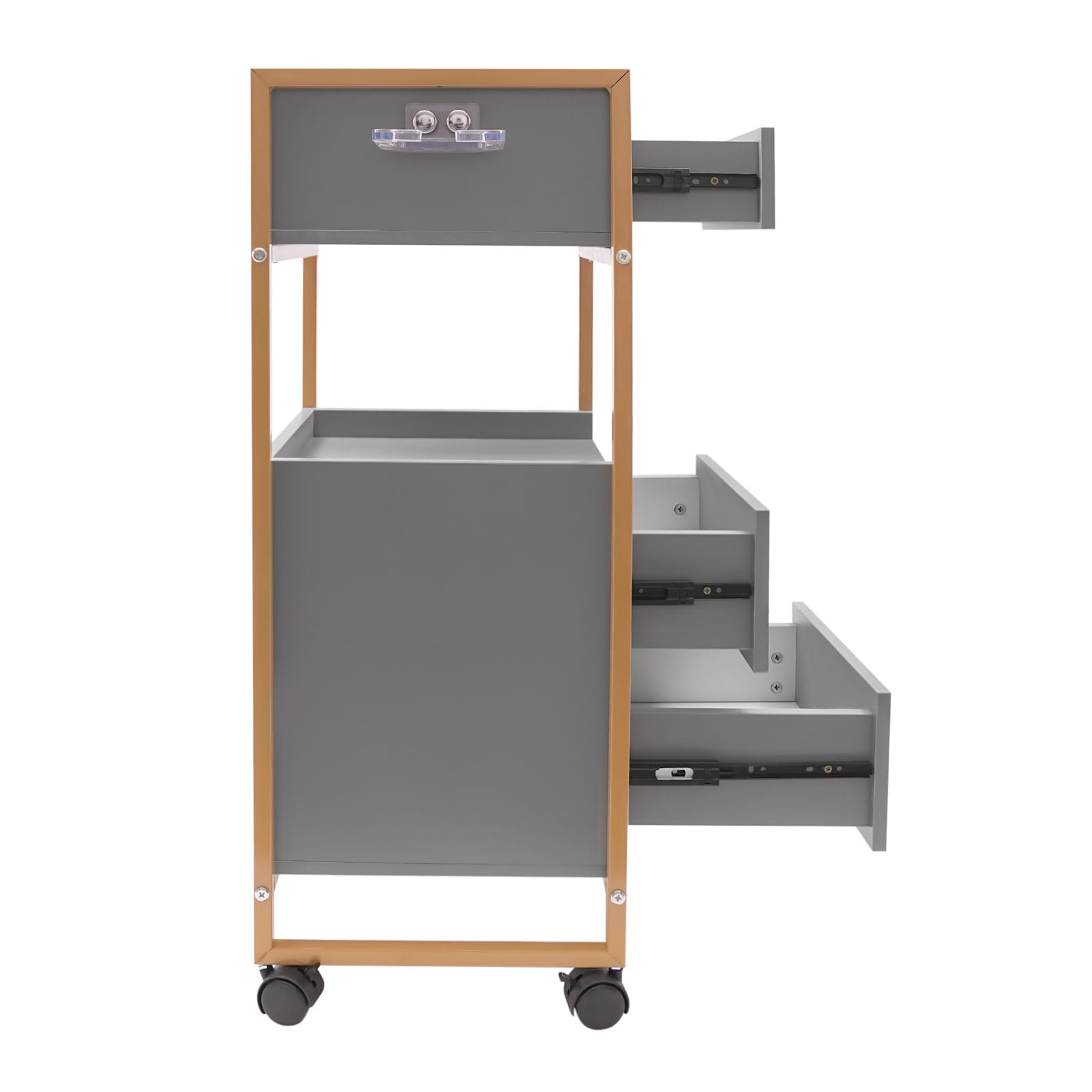 Carrito de cosméticos con ruedas, 3 cajones y soporte para secador, carrito auxiliar con armario, carrito de trabajo moderno para baño y sala de estar (Gris)