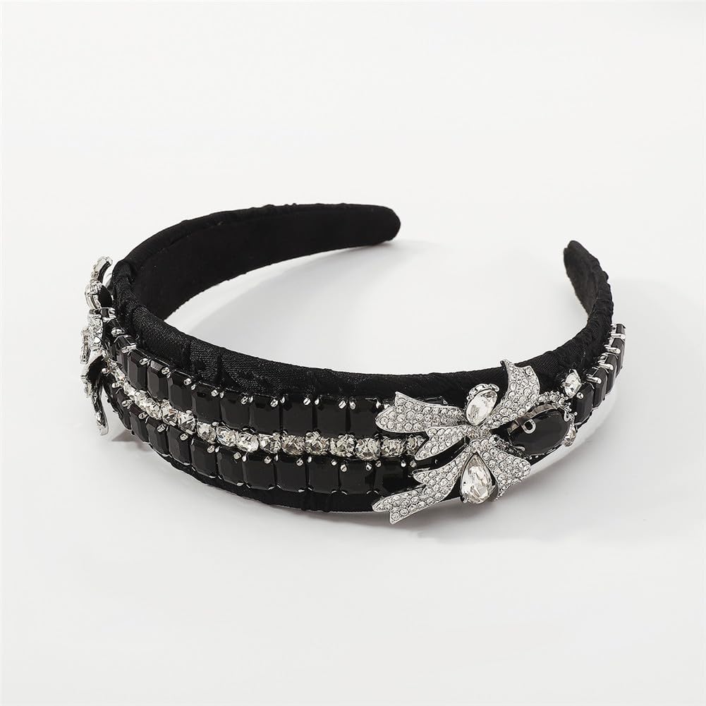 Youllyuu Fascia per capelli con fiocco laterale con strass barocco squisito cristallo multicolore ricamo geometrico fascia per capelli accessori per capelli nero
