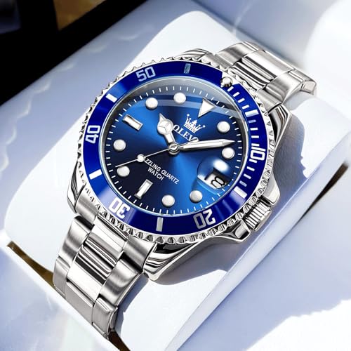 OLEVS Men's Stainless Steel Watch, Big Face Easy to Read Analog Quartz Dress Watches, Classic Rotating Bezel Waterproof Luminous Hands Date Mens Wristwatch4