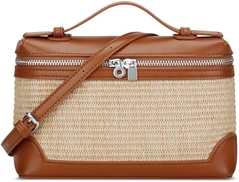 KKXIU Straw Crossbody Bags for Women,Top Handle Beach Bag & Clutch Raffia Summer Vacation Purse Shoulder Handbags with Adjustable Belt - Brown
