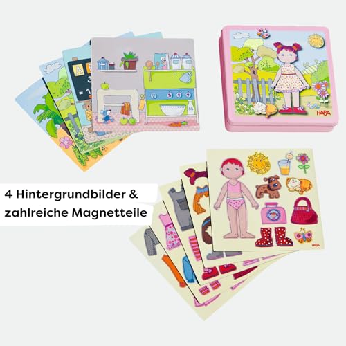 HABA Magnetspiel-Box Anziehpuppe Lilli – Magnetpuzzle für Kinder ab 3 Jahren – Mit 54 Teilen & 4 Szenen – Magnetisches Anziehspiel in praktischer Metallbox – 1007392001