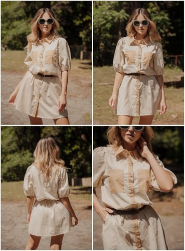Image of AlvaQ Women Dress Summer 2025 Casual V Neck Short Sleeve Button Down Striped Tunic Dresses with Pockets