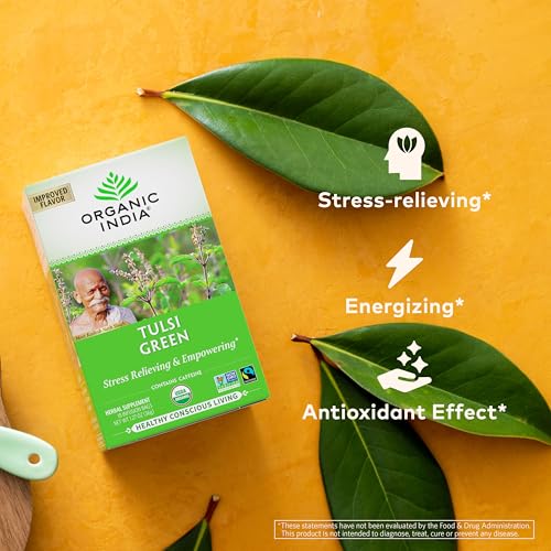 Image of ORGANIC INDIA Tulsi Green Tea Bags - Holy Basil Tea, African Basil, Stress Relieving, Immune Support, USDA Certified Organic, Premium Darjeeling Green Tea, Caffeinated - 18 Infusion Bags, 1 Pack