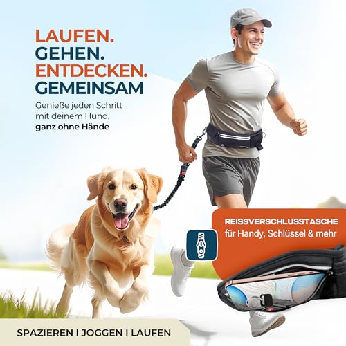 PORTENTUM Joggingleine Hunde - Freihändig, Laufen, Wandern, Anti-Stress, Gurtband, Reflektierend (Schwarz)