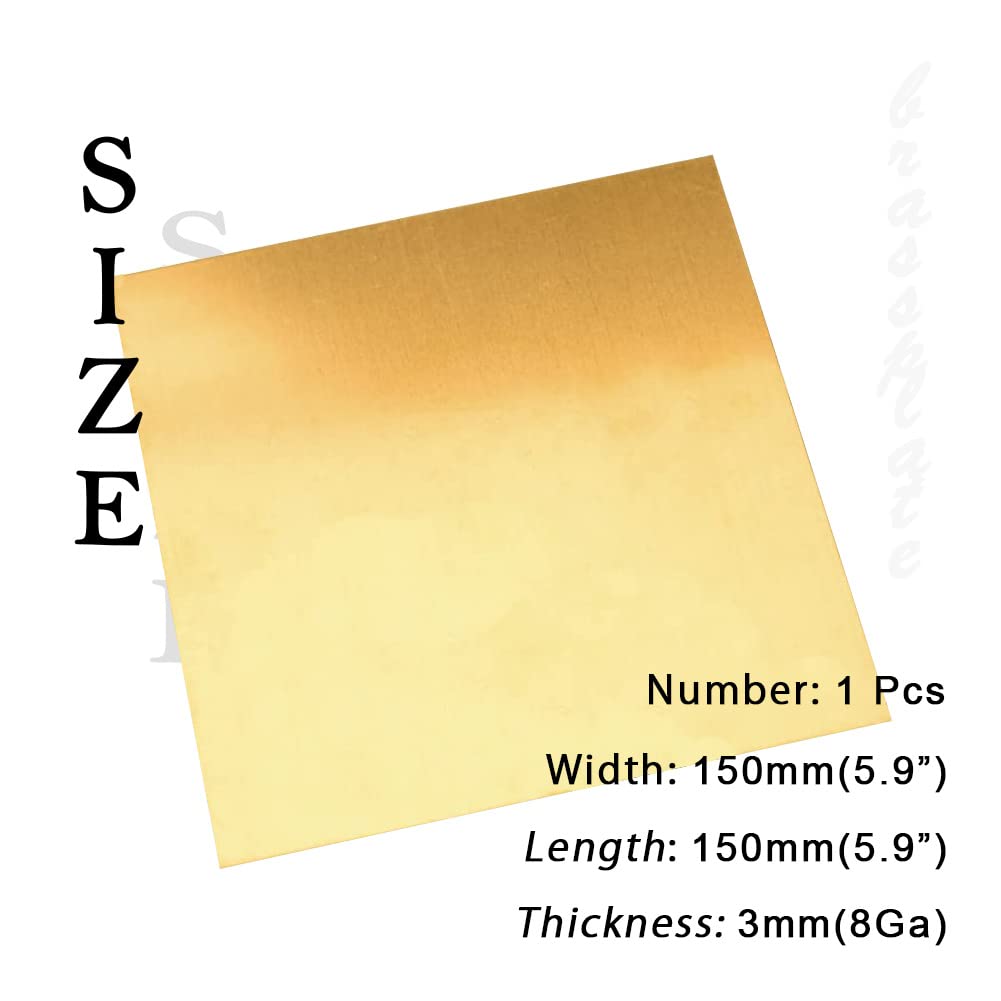 8 Gauge Brass Sheet，H62 Brass Plates Metal 0.118" Thickness x 5.9" Width x 5.9" Lenght, for Models, Crafts, Repairs, Electrical, 1Pcs