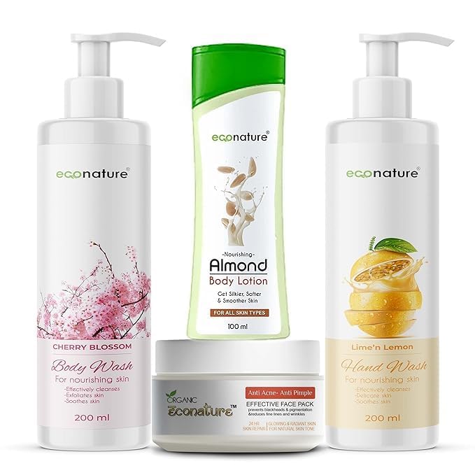 ECONATURE Skin Care Essential Kit, Body Lotion, Body Wash, Hand Wash, Face Cream, Complete Daily Care Combo, Suitable for All Skin Types, Pack of 4-image-9