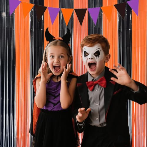 Image of Halloween Party Decorations Indoor, Black and Orange Halloween Backdrop Foil Fringe Tinsel Curtains Streamer for Photography - 2 Packs, 3.28 x 6.56ft
