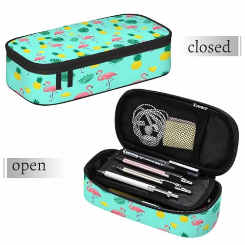 Image of Pink Flamingo Pencil Case Flamingo Exotic Tropical Leaves Pineapples Bird Pencil Bag Pen Markers Pouch Holder Organizer for Boy Girl School Students