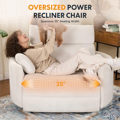 FLEXISPOT Mochi Oversized 54" Power Recliner Chair for Big and Tall Adults, Chenille Fabric Electric Recliner with USB & Type-C Ports, Wide Single Sofa with Pillows for Living Room & Bedroom, Beige