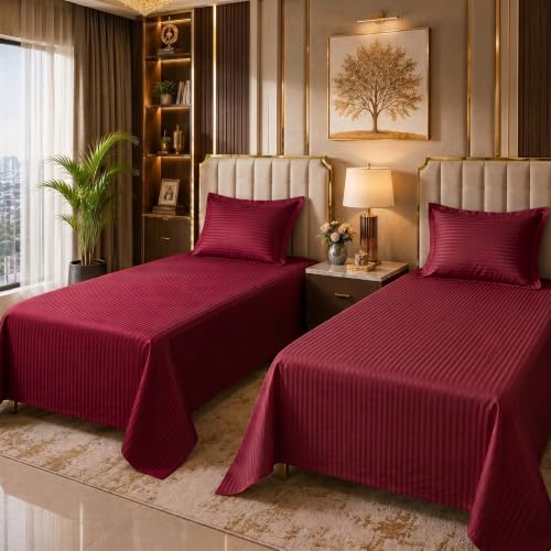 Image of Mafatlal 210 TC Italian Stripe Single Bedsheet Set with Pillow Cover (60 x 90 Inches) | 100% Cotton | Hotel Collection | Soft Breathable Flat Bed Sheet | Deep Maroon