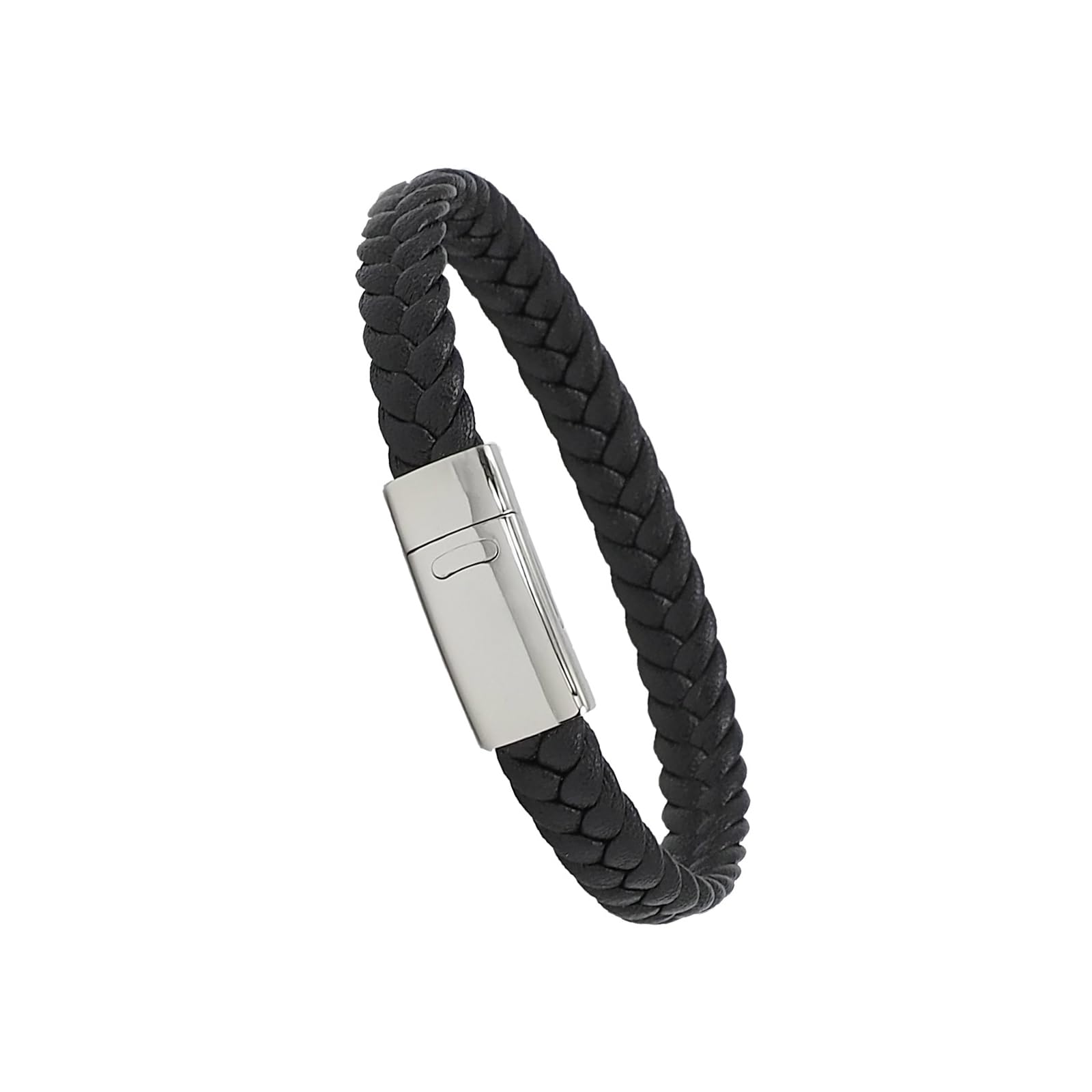 Bracelet homme personnalisé en cuir tressé noir avec boucle argentée - Idée cadeau homme - Noël - Saint Valentin - Anniversaires - Fête des Pères