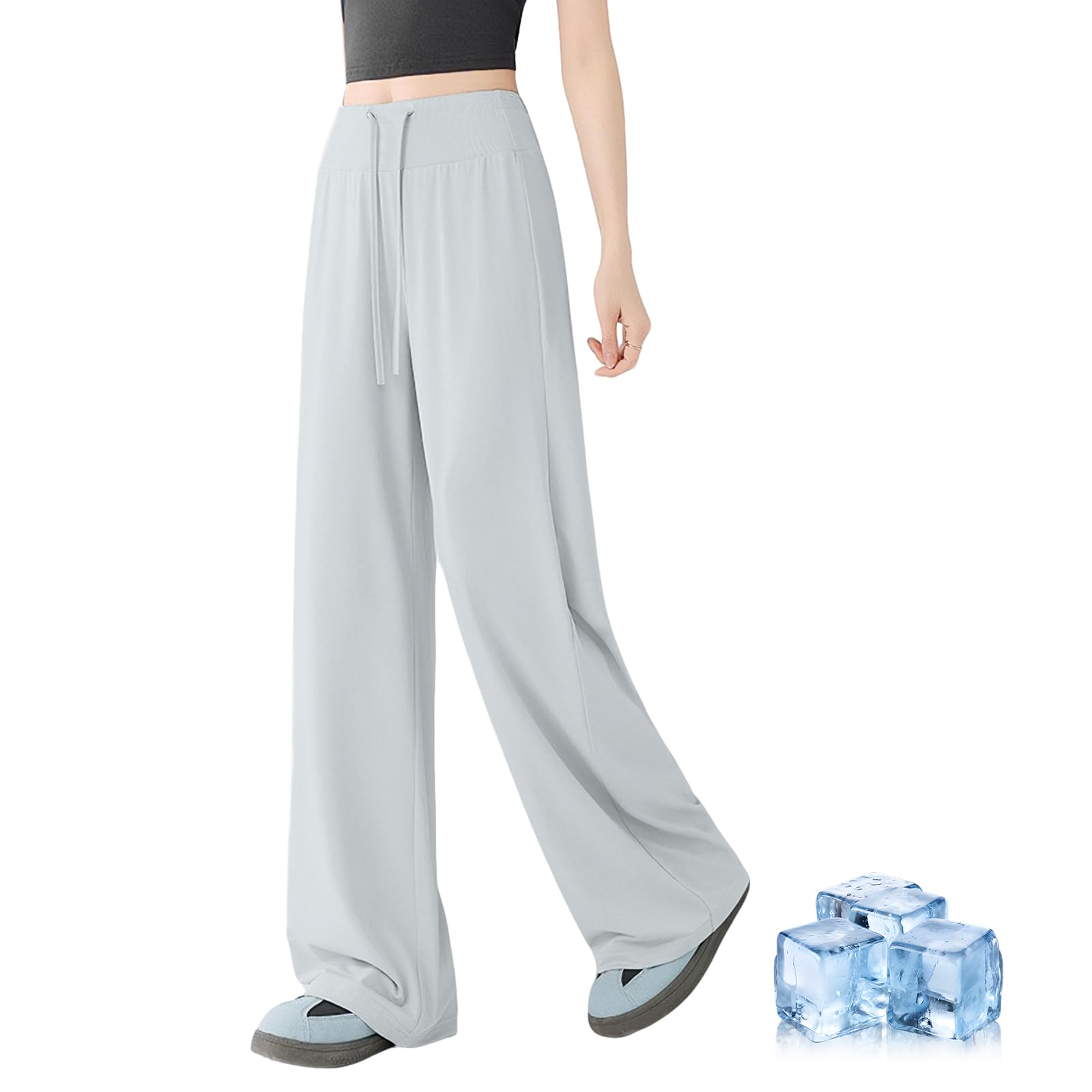 [PALAME] ワイドパンツ レディース ロングパンツ 【-5°C新感覚のひんやり体験・UVカット率99.9％】 春 夏 秋 落ち感 ズボン 接触冷感 体型カバー ゆったり 脚長 着痩せ 薄手 涼しい 速乾 通気性 ウエストゴム イージー スラックス カジュアル 通勤 日常 (JP, アルファベット, M, ライトグレー)