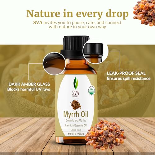 Image of SVA Organic Myrrh Essential Oil in Glass Bottle, 1 /3 Fl Oz (10 ml) | Organic Myrrh Oil for Skin Care, Face Care, Perfume Blends, Incense, Diffuser, Soap Making, Blending & DIY Beauty Projects