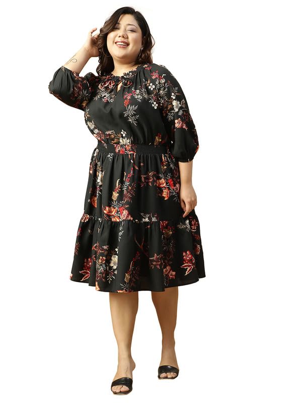 Lee Women Plus Size Rayon Printed Round Neck with Adjustable Thread 3/4 Sleeve Smocked Elasticated Knee Length Dress in multi