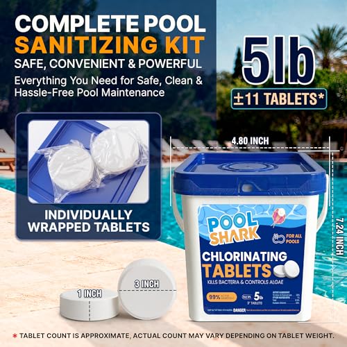 Image of Pool Shark Swimming Pool Chlorine Tablets | 3-Inch Chlorine Tablets | 5 lbs | Slow-Dissolving 90% Active Chlorine Tabs - Pool Chemicals for Inground Pools, Above Ground Pools, Saltwater, Spa, Hot Tub