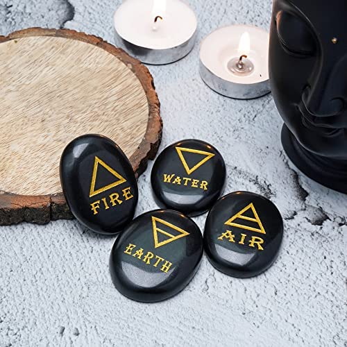Crocon Piedras de turmalina Negra de 4 Elementos símbolos de triángulos Grabados (Tierra, Aire, Fuego, Agua) Piedras de Palma pulidas para curación con Cristales de Reiki con Piedras Preciosas