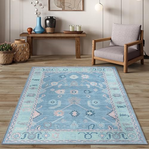 Teal Blue Oushak Rug 9x12 Washable Non-Slip